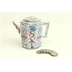 6 Chinese coins & porcelain teapot
