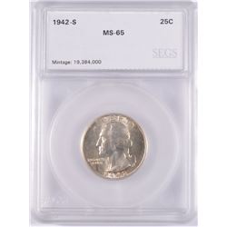 1942-S WASHINGTON QUARTER, SEGS MS-65