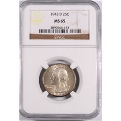 1943-D WASHINGTON QUARTER, NGC MS-65 GEM