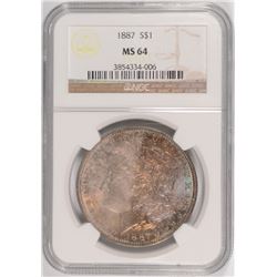 1887 MORGAN DOLLAR NGC MS-64 RAINBOW COLOR OBVERSE, WHITE REVERSE