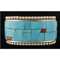 Beautiful Kingman Turquoise and Coral Cuff