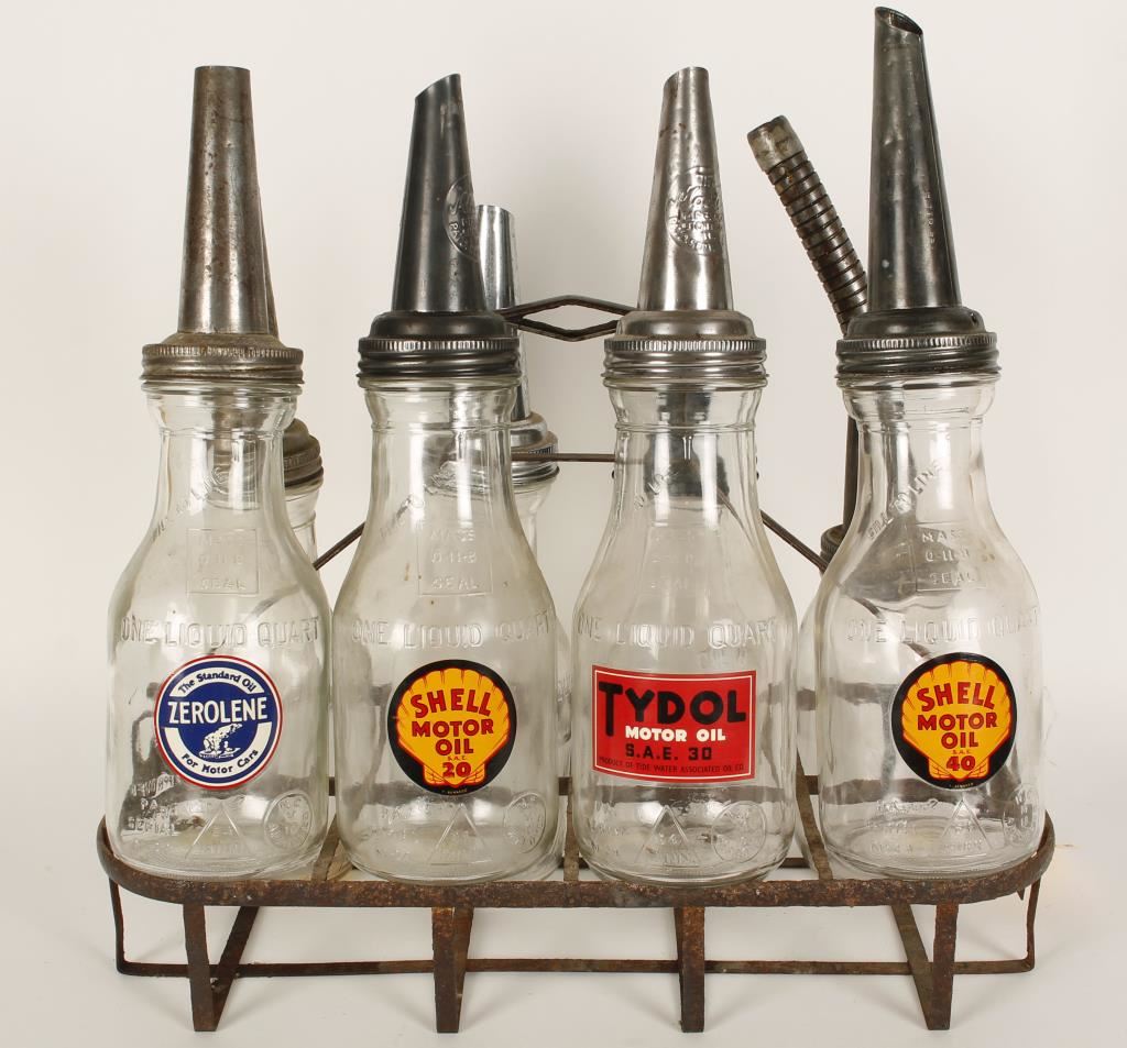 Glass Bulk Oil Containers with Spouts & Carrier.