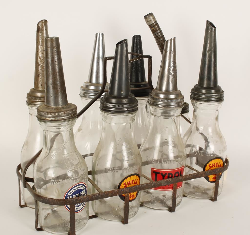 Glass Bulk Oil Containers with Spouts & Carrier.