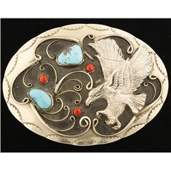 Eagle, Turquoise and Coral Stones Silver Buckle