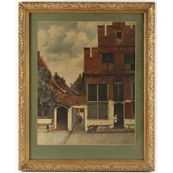 Lithograph of Old Brick Building and Women