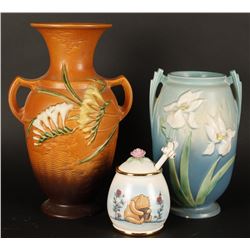 Lot of 2 Roseville Vases and 1 Honey Pot