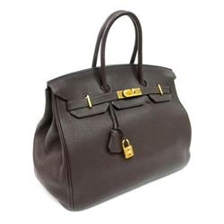 Authentic Vintage Hermes 35cm Birkin Bag in Chocolate Clemence Leather with Gold Hardware