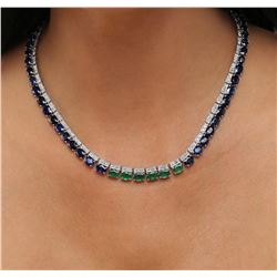 14KT White Gold 57.60ctw Sapphire, Emerald and Diamond Necklace