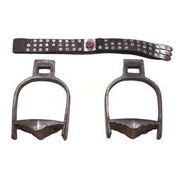 RARE PAIR OF TURKMEN STIRRUPS AND A NECK TRAPPING