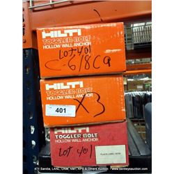 HILTI TOGGLER BOLT HOLLOW WALL ANCHORS, 3X THE MONEY