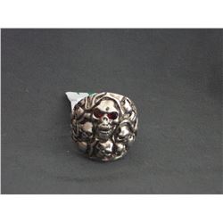 SILVER SKULL RING WITH RED STONE EYES
