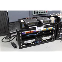 5 UNIT RACK OF RADIO, NETWORK, TELEPHONE AND OTHER COMMUNICATION EQUIPMENT INC. 450 MHZ FM RADIOS,