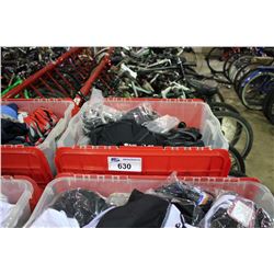 BIN OF ASSORTED BIKE CLOTHING
