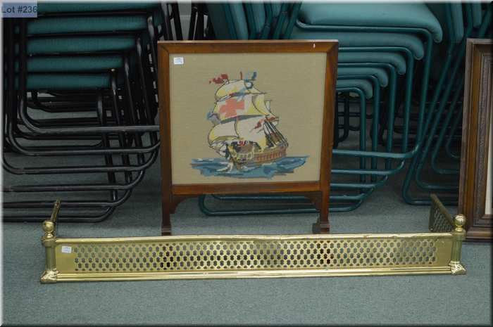 Vintage brass fireplace fender and wooden draft screen with ship motif ...