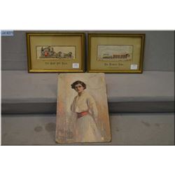 Two vintage framed embroidered silks including  The Good Old Days  and  The Present Time  and an unf