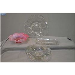 Two pieces of cornflower crystal including large platter and divided dish, plus a cranberry and milk