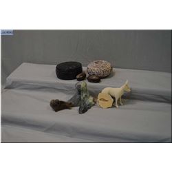 Selection of Native collectibles including carved soapstone owl signed by artist, small soapstone be
