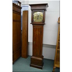 Antique oak long cased clock with two train chiming movement and brass dial including Roman numerals