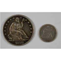 1886 SEATED DIME FINE, 1858-O SEATED HALF DOLLAR XF