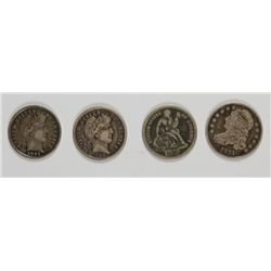 (4) DIMES: 1897 BARBER FINE, 1902 BARBER VF, 1885 SEATED VG, 1834 BUST VG