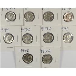 10 MERCURY DIMES; 1940-S, 41, 42, 42-D, 43, 2- 43-D, 44, 44-D, 45-D