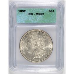 1892 MORGAN SILVER DOLLAR, ICG MS-62