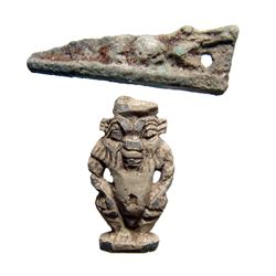 A pair of Egyptian amulets, Crocodile & Bes