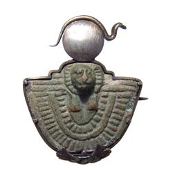 Silver brooch with Egyptian faience Aegis amulet