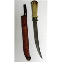 OLD BONE HANDLE HUNTING KNIFE-FINLAND-LEATHER SHEATH