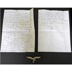 LUFTWAFFE BREAST INSIGNIA & 2 PG LETTER STATING HE SENT