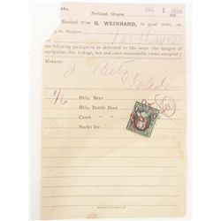 1898 HENRY WEINHARD BEER RECEIPT - BEER SHIPPED BY SHIP