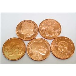 LOT OF 5 2011 DIFFERENT 1 OUNCE COPPER ROUND COINS