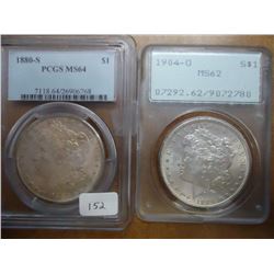 1880-S PCGS MS64 & 1904-O PCGS MS62 MORGAN DOLLARS