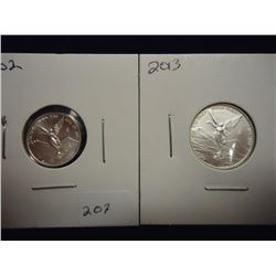 2013 1/10 OZ & 2002 1/20 OZ MEXICO SILVER LIBERTAD