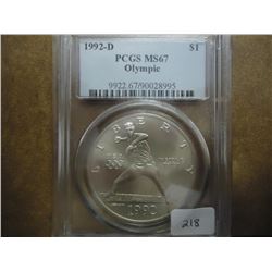 1992-D OLYMPIC SILVER DOLLAR PCGS MS67