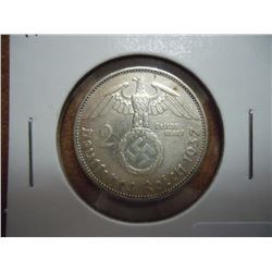 1937-A GERMAN SILVER 2 MARK WITH SWASTIKA