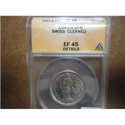 1941-B SWISS SILVER 2 FRANCS ANACS EF45 DETAILS
