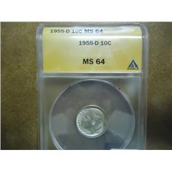 1955-D SILVER ROOSEVELT DIME ANACS MS64