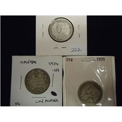 1932,34 & 35 CANADA SILVER 25 CENTS