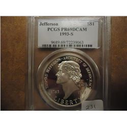 1993-S JEFFERSON COMMEMORATIVE SILVER $ PCGS PR69