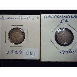 1929 & 1940-C NEWFOUNDLAND SILVER 5 CENTS