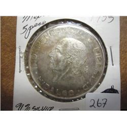 1955 MEXICO SILVER 5 PESO .4178 OZ. ASW