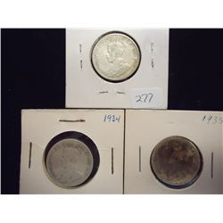 1933,34 & 35 CANADA SILVER 25 CENTS