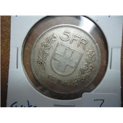1954 SWISS SILVER 5 FRANC .4027 OZ. ASW