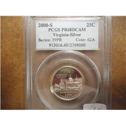 2000-S SILVER VIRGINIA QUARTER PCGS PR68 DCAM