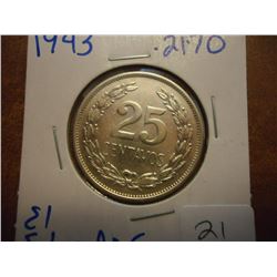 1943 ELSALVADOR SILVER 25 CENTAVOS .2170 OZ. ASW