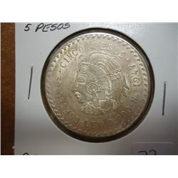 1947 MEXICO SILVER 5 PESOS .8680 OZ. ASW