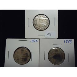 1929,30 & 33 CANADA SILVER 25 CENTS