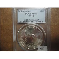 1991-P MT. RUSHMORE SILVER DOLLAR PCGS MS69