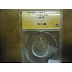 1958-B SWISS SILVER 2 FRANC ANACS AU50